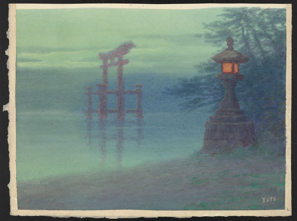 A picture of Stone lantern on shore and a torii in a lake