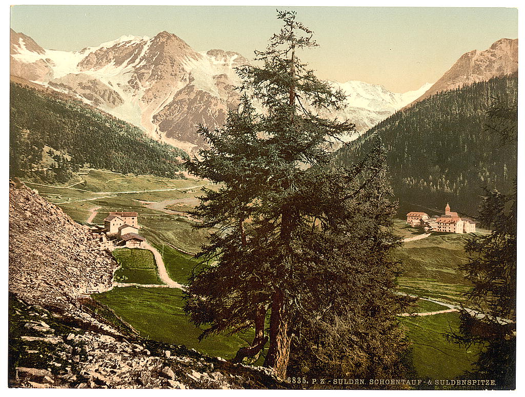 A picture of Sulden, the Schontauftspitze (i.e., Schontaufspitze) and Suldenspitze, Tyrol, Austro-Hungary