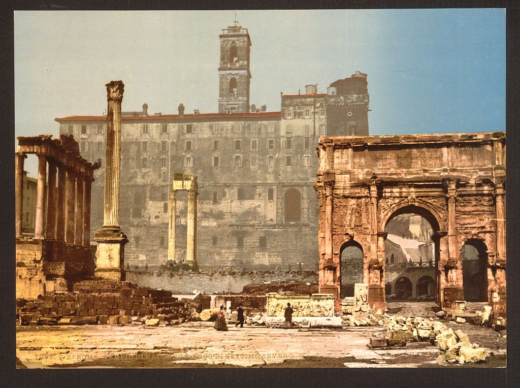 A picture of Temple of Saturn and Triumphal Arch of Septimus Severus, Rome, Italy