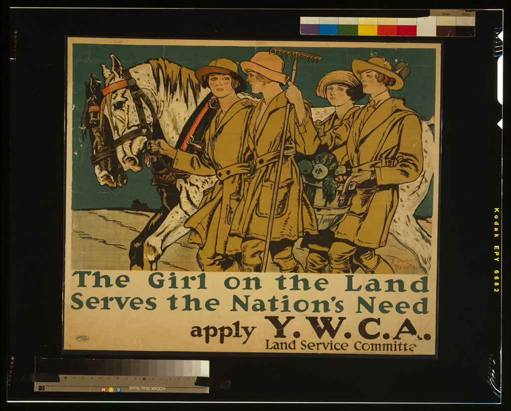 A picture of The girl on the land serves the nation's need Apply Y.W.C.A. Land Service Committee /