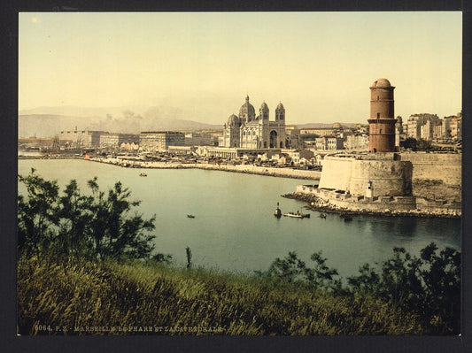 A picture of The lighthouse and cathedral, Marseilles, France