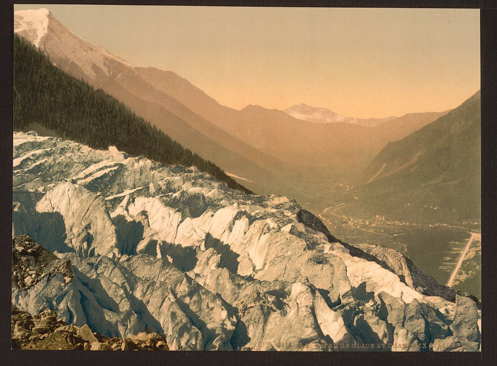 A picture of The Mer de Glace, and the Valley of Chamonix as seen from the Chapeau, i.e., Chapieux, Chamonix Valley, France