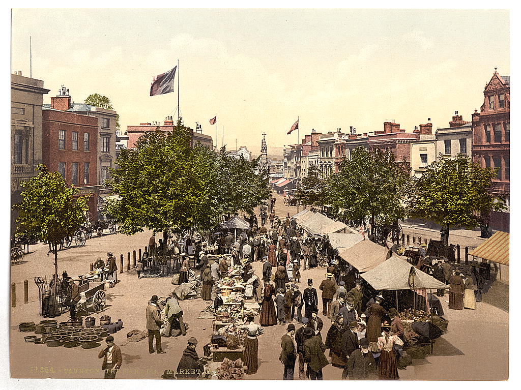 A picture of The parade (i.e., promenade), Market Day, Taunton, England