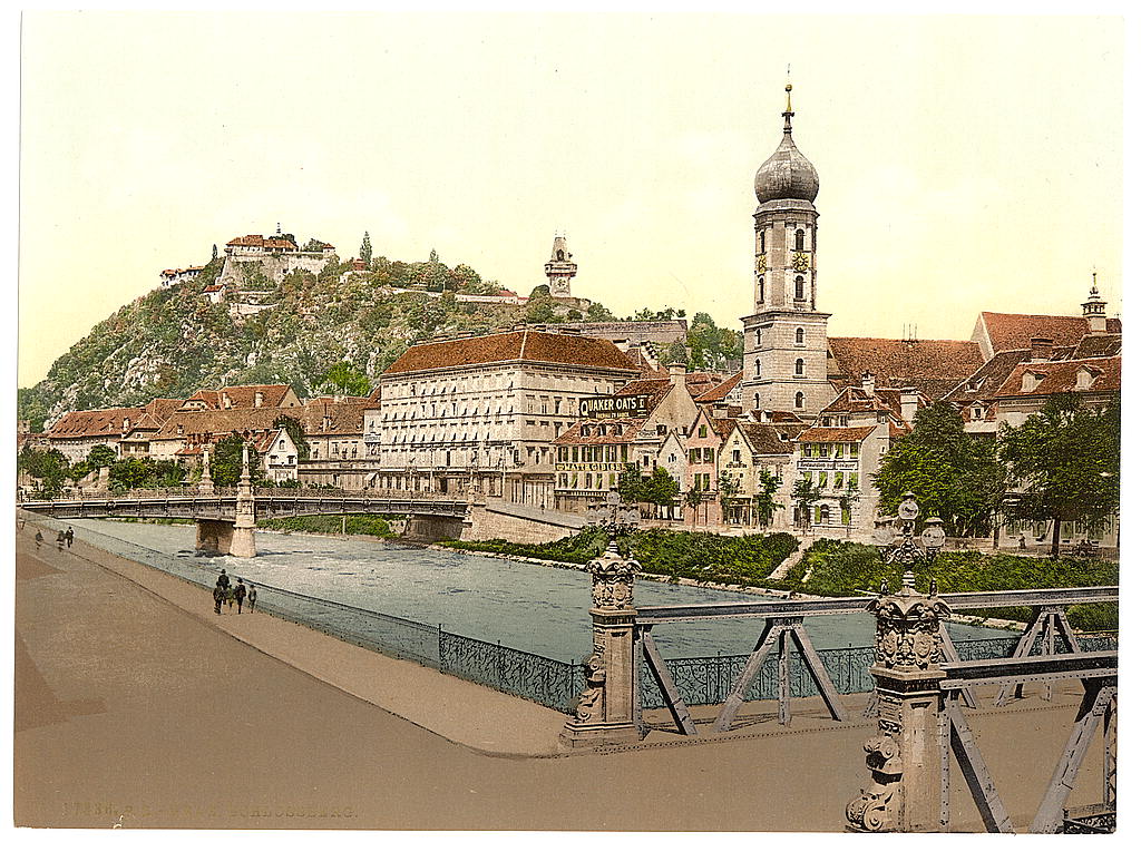 A picture of The Schlossberg from Hotel Florian, Styria, Austro-Hungary