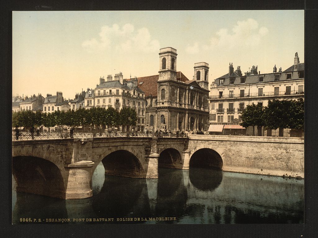 A picture of The swing bridge and Madeleine church, Besançon, France