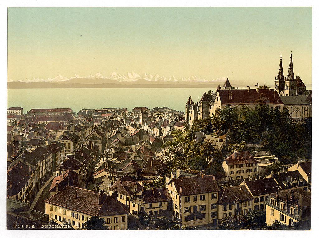 A picture of The town, general view showing the alps, Neuchatel, and the castle, Switzerland