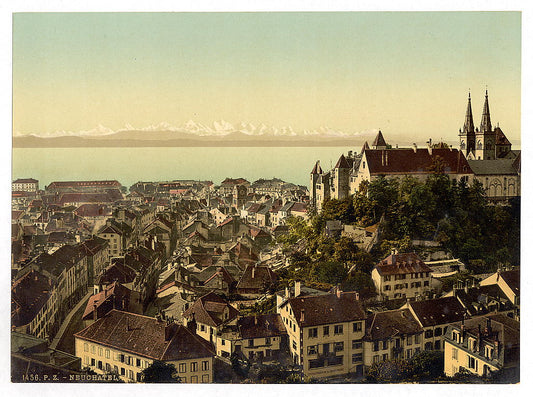 A picture of The town, general view showing the alps, Neuchatel, and the castle, Switzerland