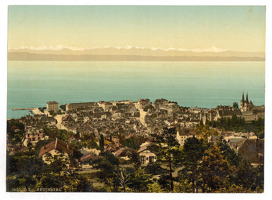 A picture of The town, general view showing the Alps, Neuchatel, Switzerland