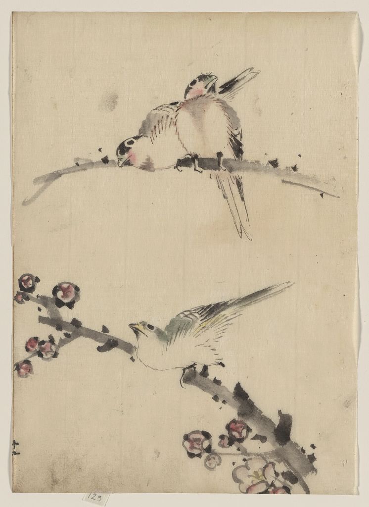 A picture of Three birds perched on branches, one with blossoms