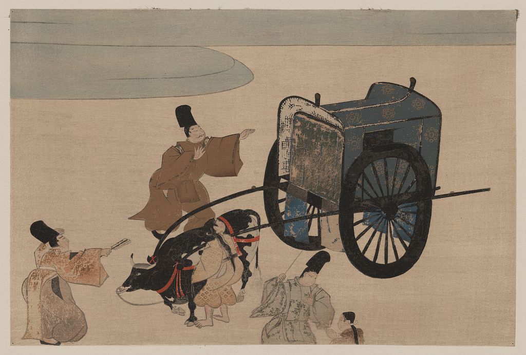A picture of Three men, possibly court officials, and two girls with a two-wheeled ox-cart
