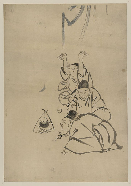 A picture of Three monks or travelers lighting a fire beneath a teapot