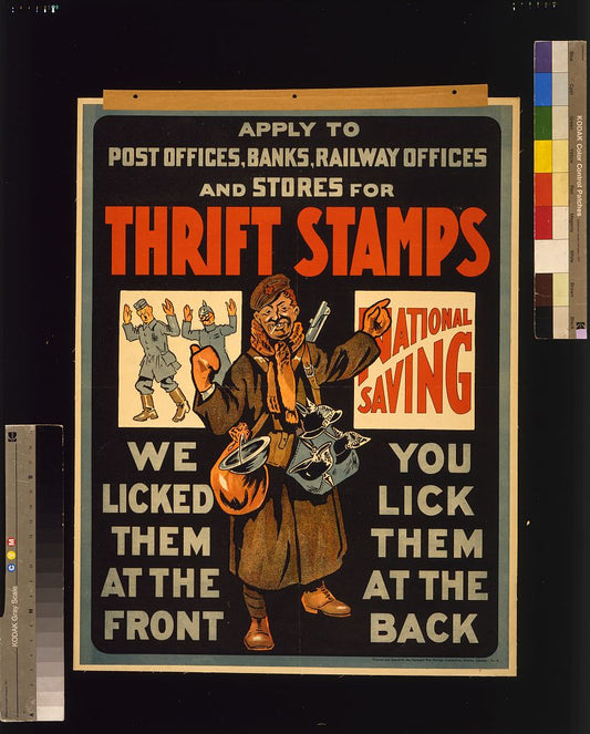 A picture of Thrift stamps. We licked them at the front, you lick them at the back