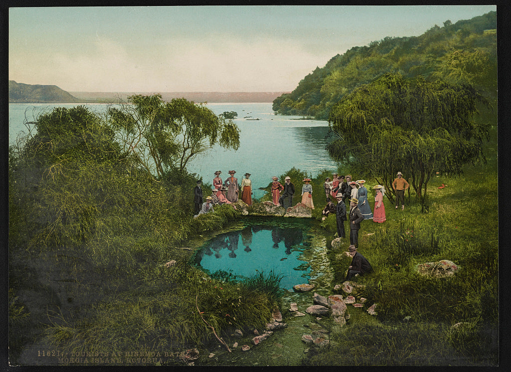 A picture of Tourists at Hinemoa Bath. Mokoia Island, Rotorua