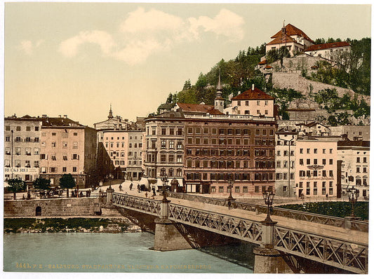 A picture of Town bridge, convent and Kapuzinerberg, Salzburg, Austro-Hungary