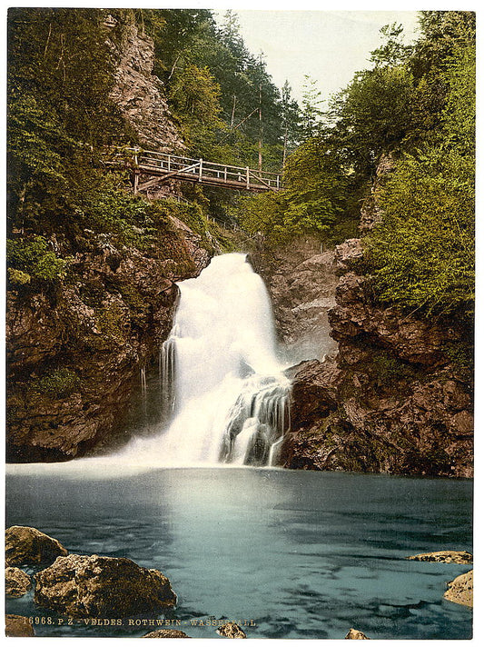 A picture of Triglav, Rothwein (i.e., Rotwein), and waterfall, Carniola, Austro-Hungary