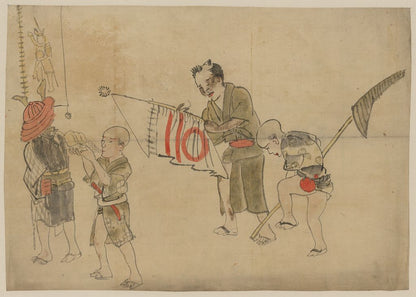A picture of Two men carrying banners and two boys, one blowing into a shell, the other carrying a shell on a staff, in a procession