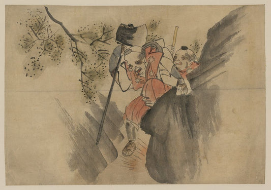 A picture of Two men, one carrying a large axe, walking along a narrow mountain pass