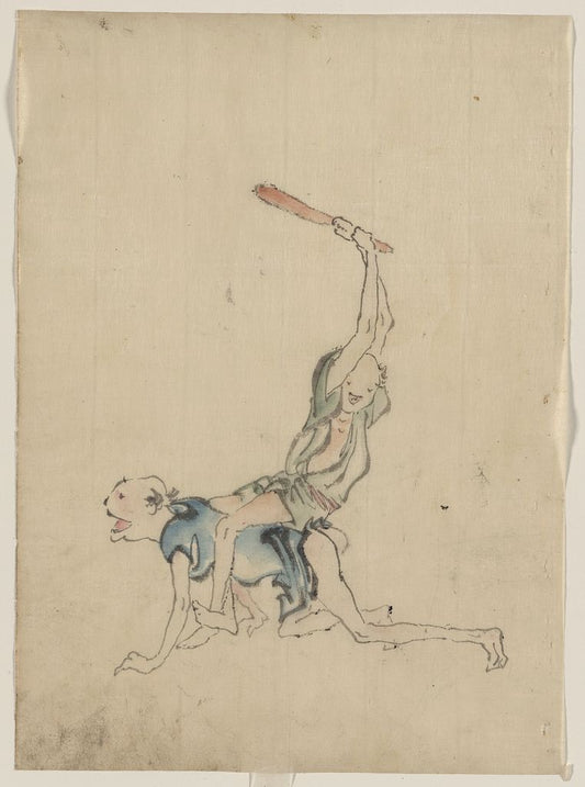 A picture of Two men, one on his hands and knees crawling, the other is sitting on the first man's back, facing forward, holding a paddle over his head, about to strike the man on his exposed buttocks