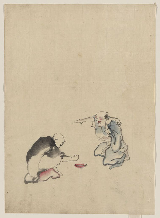 A picture of Two men playing a game or gambling, possibly involving dice of some sort