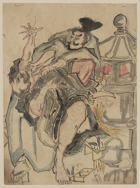 A picture of Two men struggling next to a stone lantern, upsetting a teapot