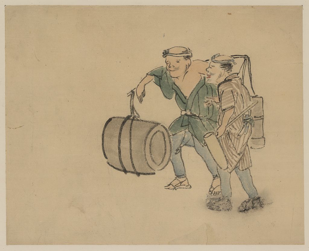 A picture of Two men walking, one carrying a shoulder pole with barrel-like containers, the other carries a long-handled mallet