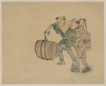 A picture of Two men walking, one carrying a shoulder pole with barrel-like containers, the other carries a long-handled mallet
