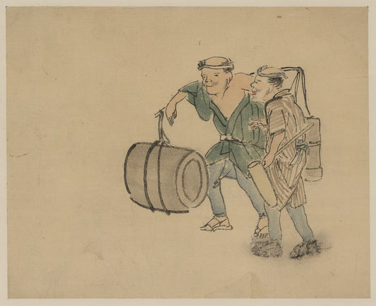 A picture of Two men walking, one carrying a shoulder pole with barrel-like containers, the other carries a long-handled mallet