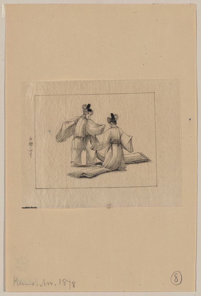 A picture of Two men with long robes dancing