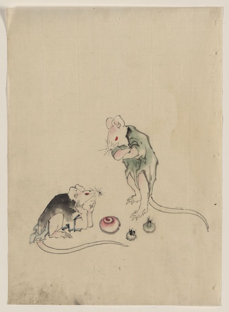 A picture of Two mice, one lying on the ground with head resting on forepaws, the other is standing on hind legs with forepaws crossed, they are looking at each other, with three round objects on the ground between, possibly rice cakes