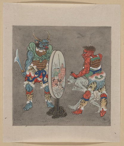 A picture of Two mythological Buddhist or Hindu figures, one holding a captive and showing him an image in a magic mirror of a man falling off a boat during a fight