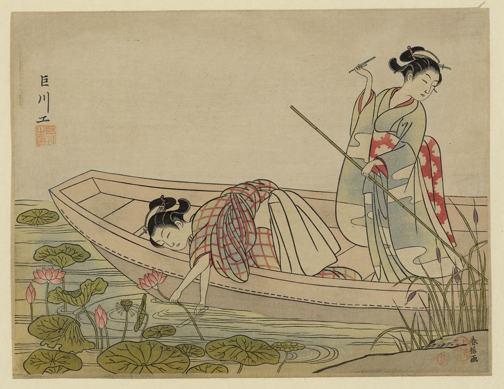 A picture of Two women gathering lotus blossoms