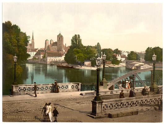 A picture of University Bridge with Cathedral, Sandkirche and Church of the Cross, Breslau, Silesia, Germany (i.e., Wrocław, Poland)
