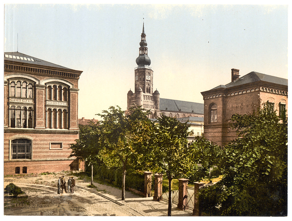 A picture of University Library,Nicholas Church and Physiological Institute, Griefswald (i.e., Greifswald), Pomerania, Germany