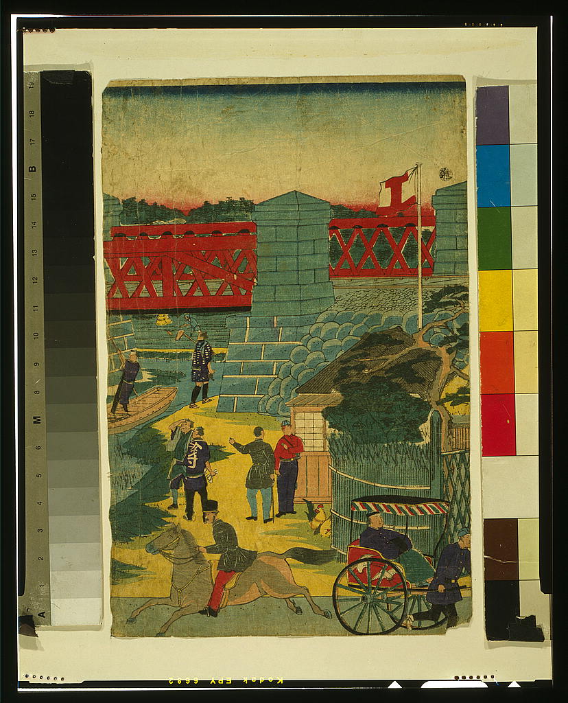 A picture of Village scene in Japan showing people engaged in various activities