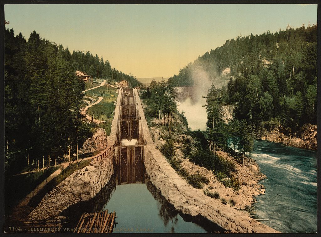 A picture of Vuangfos (i.e., Vrangfoss) Lock, Bandak Canal, Telemarken (i.e, Telemark), Norway