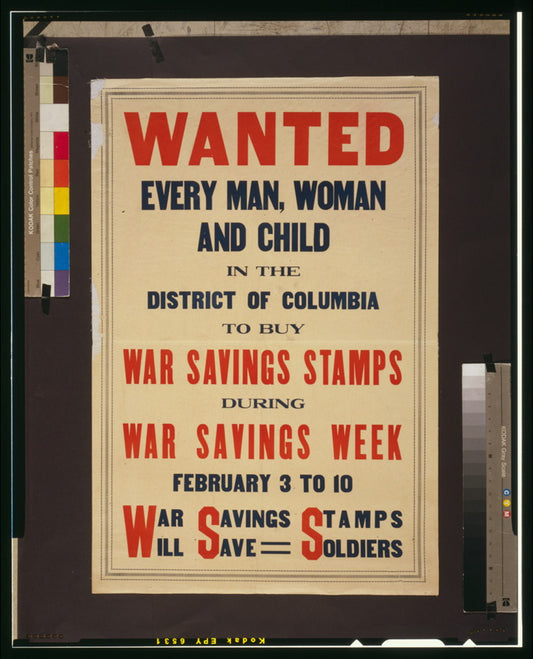 A picture of Wanted--Every man, woman, and child in the District of Columbia to buy War Savings Stamps during War Savings Week February 3 to 10--War Savings Stamps will save soldiers.