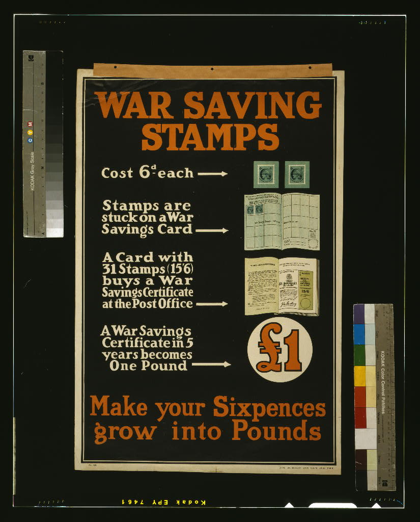 A picture of War saving stamps. Make your sixpences grow into pounds