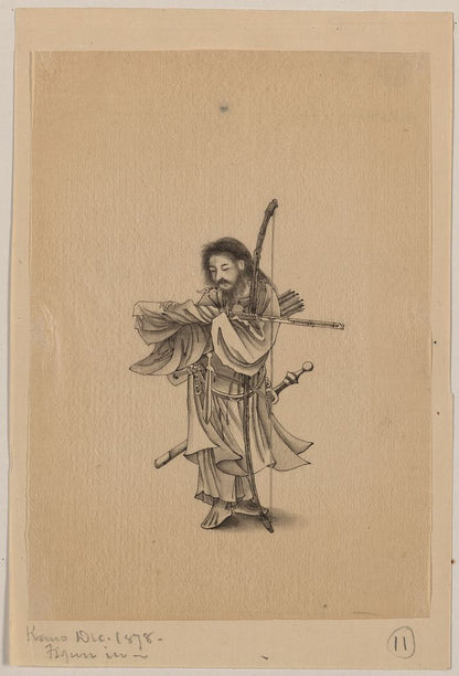 A picture of Warrior, full-length, facing left, with bow, arrows, and sword