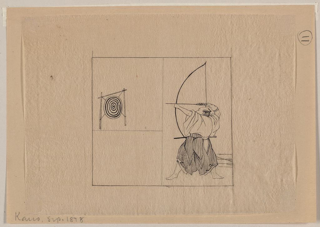A picture of Warrior, full-length, facing left, with bow drawn, about to shoot an arrow at a target