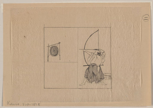 A picture of Warrior, full-length, facing left, with bow drawn, about to shoot an arrow at a target