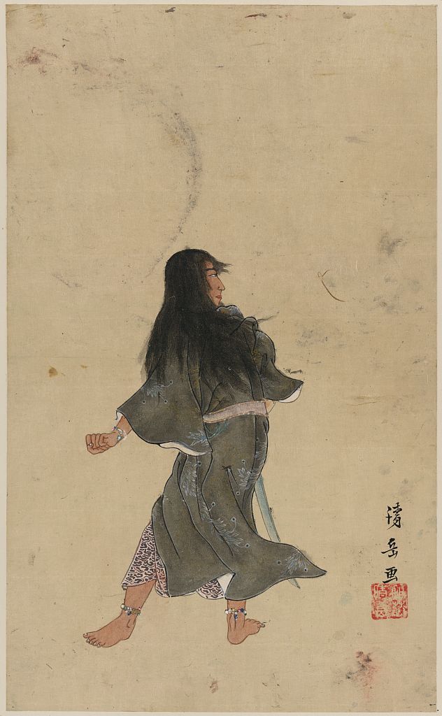 A picture of Warrior or actor with long hair and bracelets around wrist and ankles, full-length, seen from behind, holding a sword