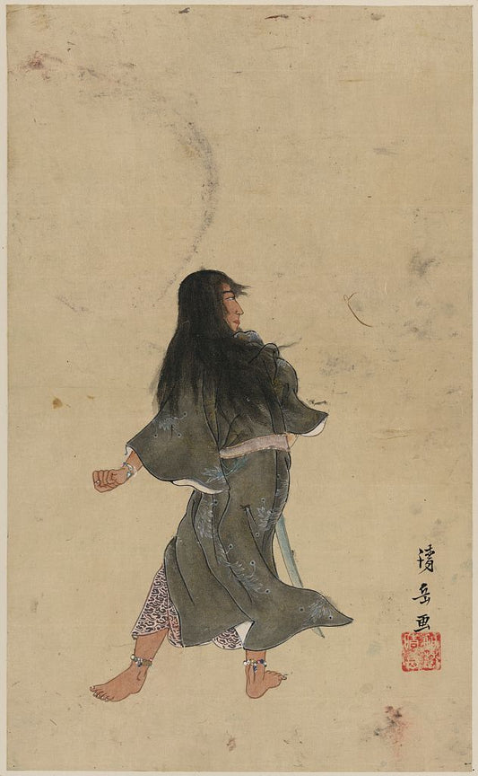 A picture of Warrior or actor with long hair and bracelets around wrist and ankles, full-length, seen from behind, holding a sword