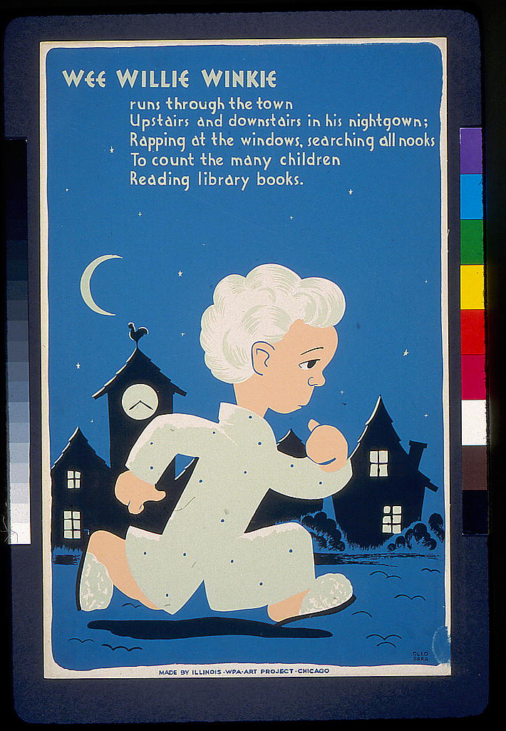 A picture of Wee Willie Winkie runs through the town ... to count the many children reading library books