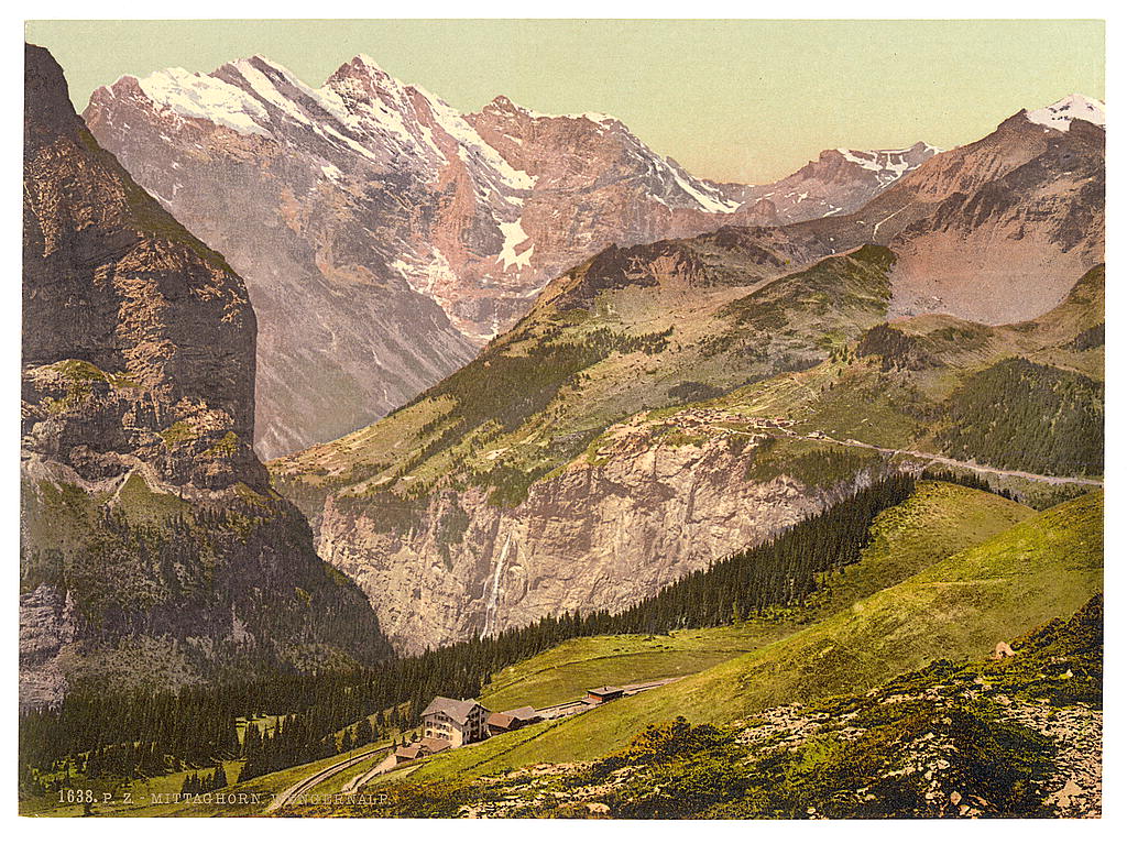 A picture of Wengern Alp and Mittaghorn, Gspaltenhorn and Hotel Jungfrau, Bernese Oberland, Switzerland