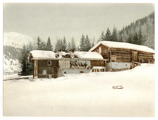 A picture of Winter scene with log structure, Grisons, Switzerland