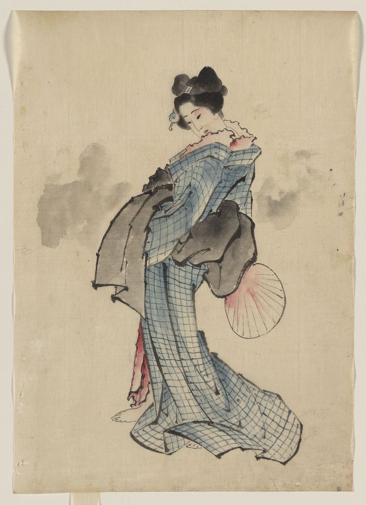 A picture of Woman, full-length portrait, standing, facing left, holding fan in right hand, wearing kimono with check design