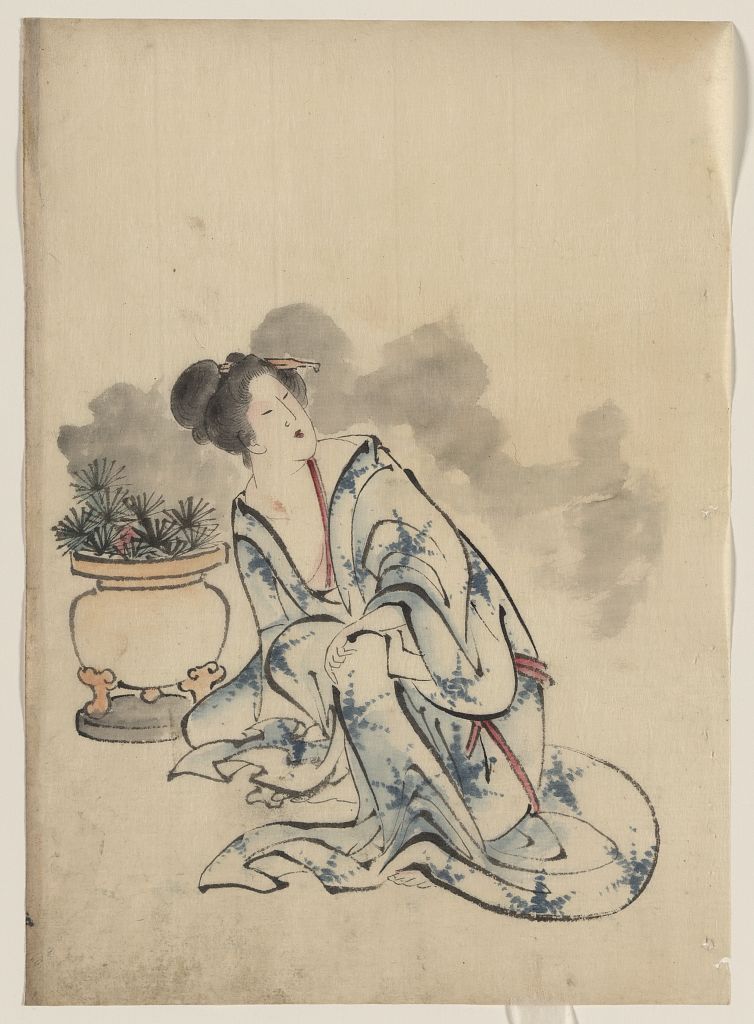 A picture of Woman, possibly a courtesan, sitting next to a flowerpot, facing left with head turned to the right, wearing kimono with starburst design that mimics the plants in the pot