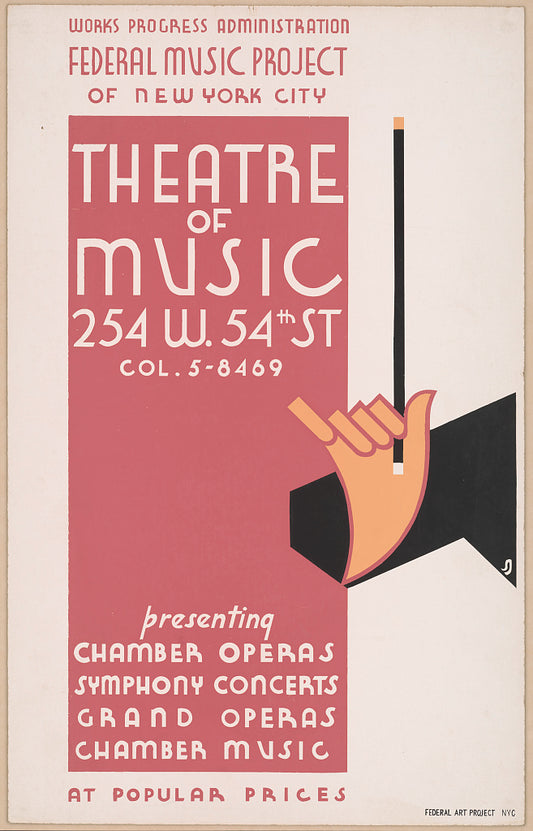 A picture of Works Progress Administration Federal Music Project of New York City Theatre of Music Presenting chamber operas, symphony concerts, grand operas, and chamber music at popular prices.