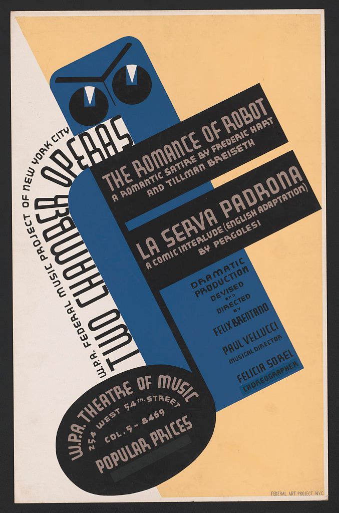 A picture of W.P.A. Federal Music Project of New York City presents two chamber operas, "The romance of robot" and "La serva padrona"