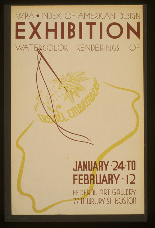 A picture of WPA Index of American Design exhibition Watercolor renderings of crewel embroidery.